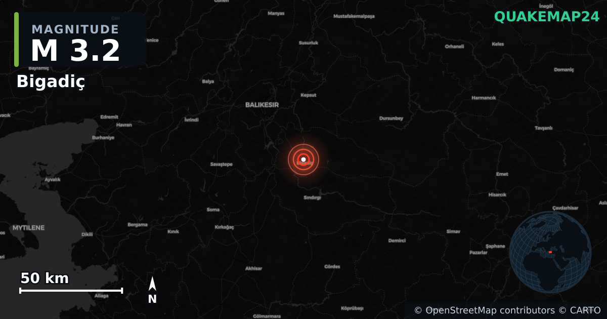 M3.2 earthquake near Bigadiç on Aug 31, 2025 — map of epicenter and shaking intensity | QuakeMap24
