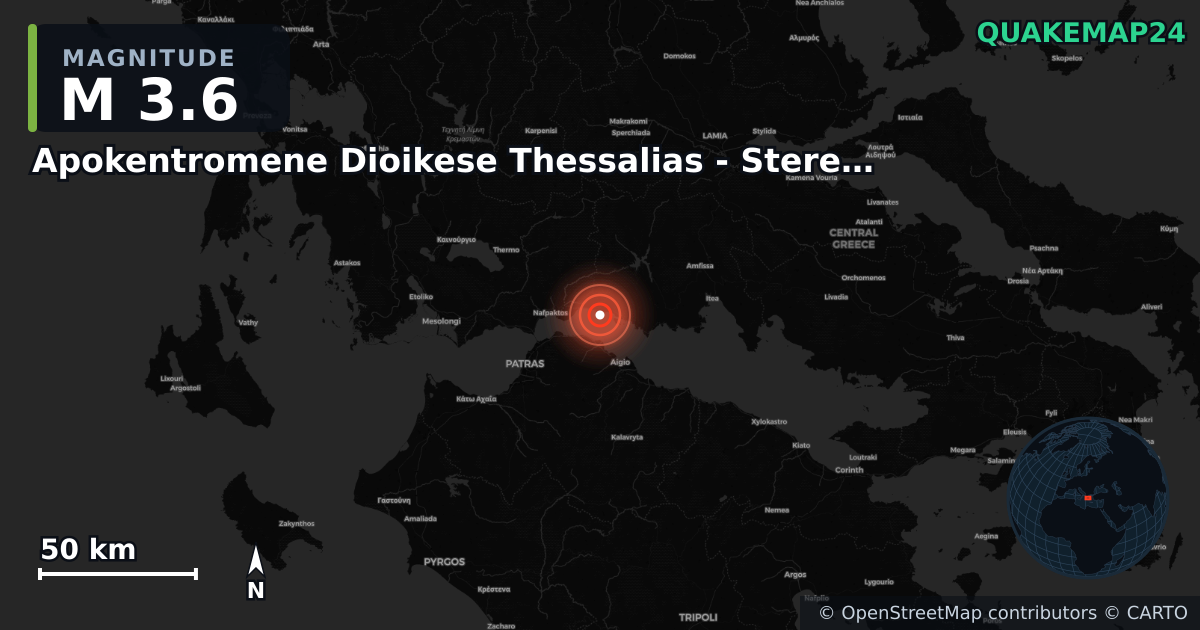 M3.6 earthquake near Apokentromene Dioikese Thessalias - Stereas Ellados on Jun 25, 2025 — map of epicenter and shaking intensity | QuakeMap24