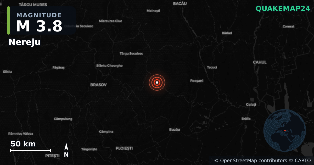 Nereju (Romanya) yakınında M3,8 deprem · 2026-10-05 — Deprem merkez üssünün konumunu gösteren harita