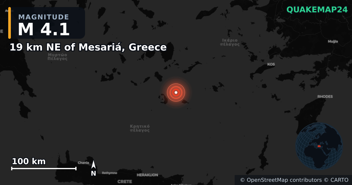 19 km NE of Mesariá, Greece yakınında M4,1 deprem · 2025-02-12 — Deprem merkez üssünün konumunu gösteren harita