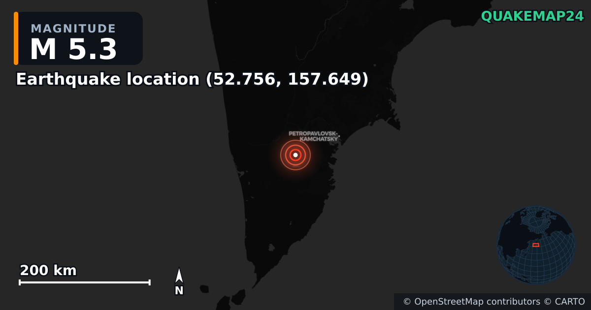 M5.3 earthquake near Τοποθεσία σεισμού (52.756, 157.649) on Mar 11, 2026 — map of epicenter and shaking intensity | QuakeMap24