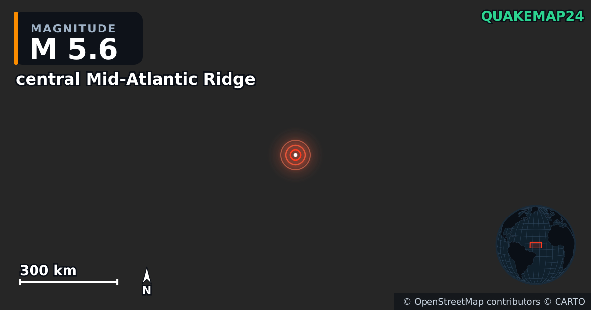 M5.6 Earthquake near central Mid-Atlantic Ridge · 2025-01-14 — Map showing the location of the epicenter