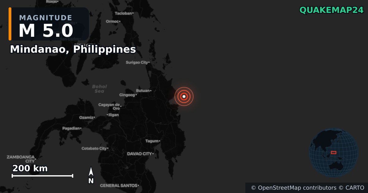 Erdbeben M5,0 bei Mindanao, Philippines — Karte der Lage des Epizentrums