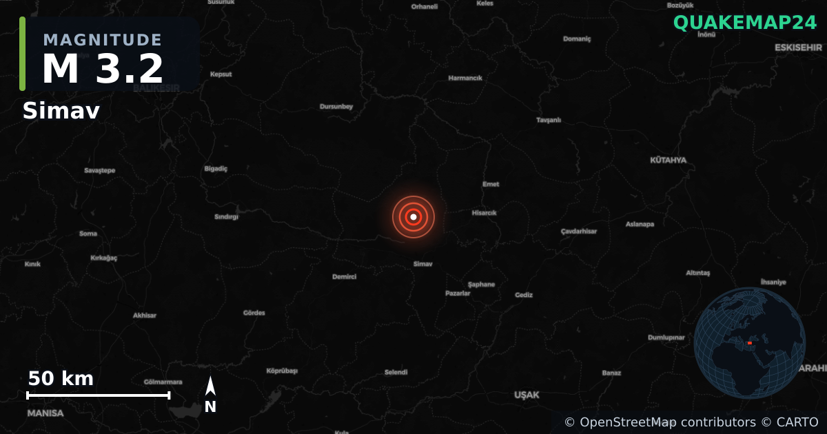 M3.2 earthquake near Simav on Jun 15, 2025 — map of epicenter and shaking intensity | QuakeMap24