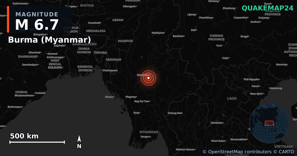 M6.7 earthquake near Burma (Myanmar) on Mar 28, 2025 — map of epicenter and shaking intensity | QuakeMap24
