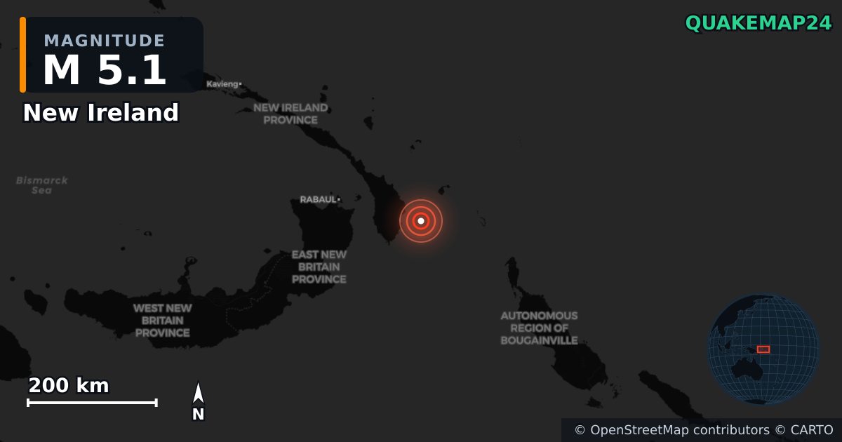 M5.1 earthquake near New Ireland on Dec 26, 2025 — map of epicenter and shaking intensity | QuakeMap24