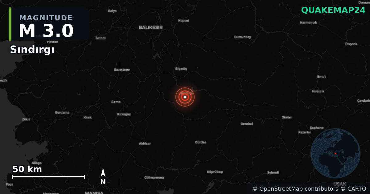 M3.0 earthquake near Sındırgı on Aug 18, 2025 — map of epicenter and shaking intensity | QuakeMap24