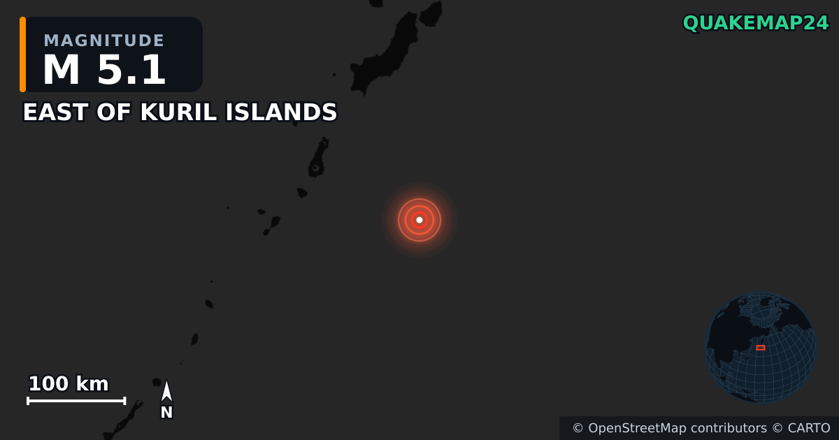 M5.1 earthquake near EAST OF KURIL ISLANDS on Oct 5, 2025 — map of epicenter and shaking intensity | QuakeMap24