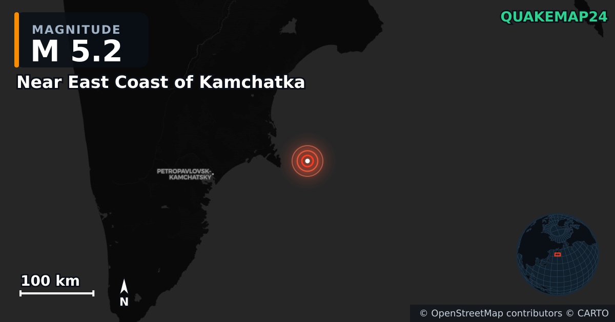 M5.2 earthquake near Near East Coast of Kamchatka on Sep 28, 2025 — map of epicenter and shaking intensity | QuakeMap24