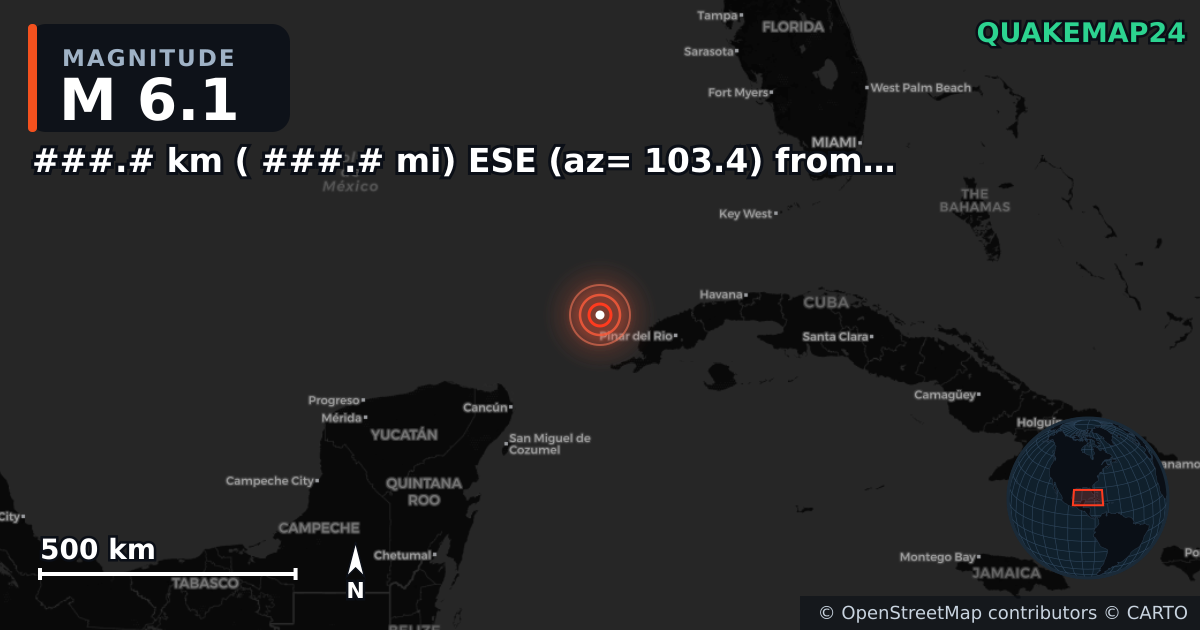 M6.1 earthquake near ###.# km ( ###.# mi) ESE (az= 103.4) from Fortuna Foothills, AZ on Jun 8, 2026 — map of epicenter and shaking intensity | QuakeMap24