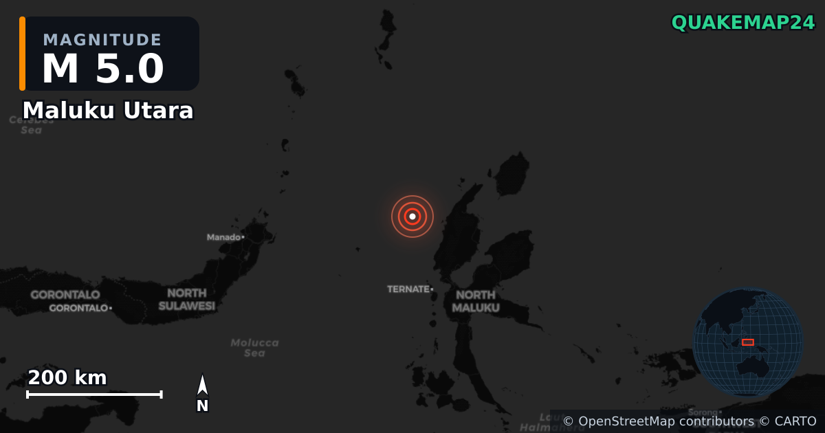 M5.0 earthquake near Maluku Utara on Aug 8, 2025 — map of epicenter and shaking intensity | QuakeMap24