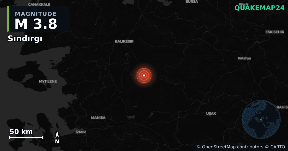 M3.8 earthquake near Sındırgı on Sep 30, 2025 — map of epicenter and shaking intensity | QuakeMap24