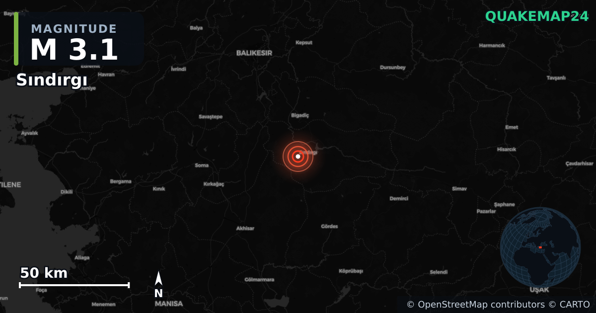 M3.1 earthquake near Sındırgı on Oct 27, 2025 — map of epicenter and shaking intensity | QuakeMap24