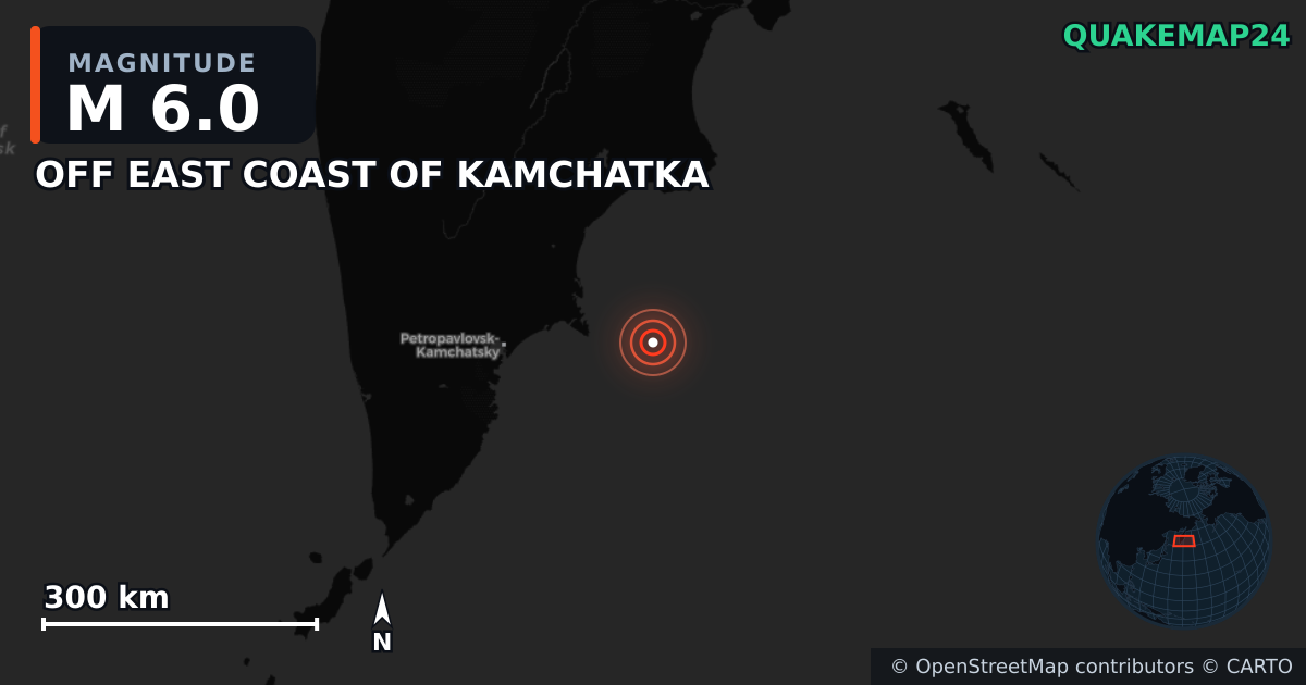 M6.0 earthquake near OFF EAST COAST OF KAMCHATKA on Jul 20, 2025 — map of epicenter and shaking intensity | QuakeMap24
