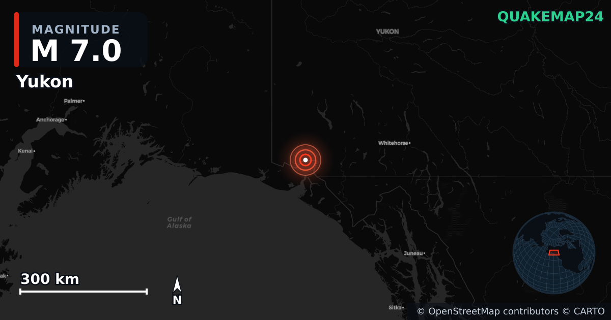 M7.0 earthquake near Yukon on Dec 6, 2025 — map of epicenter and shaking intensity | QuakeMap24