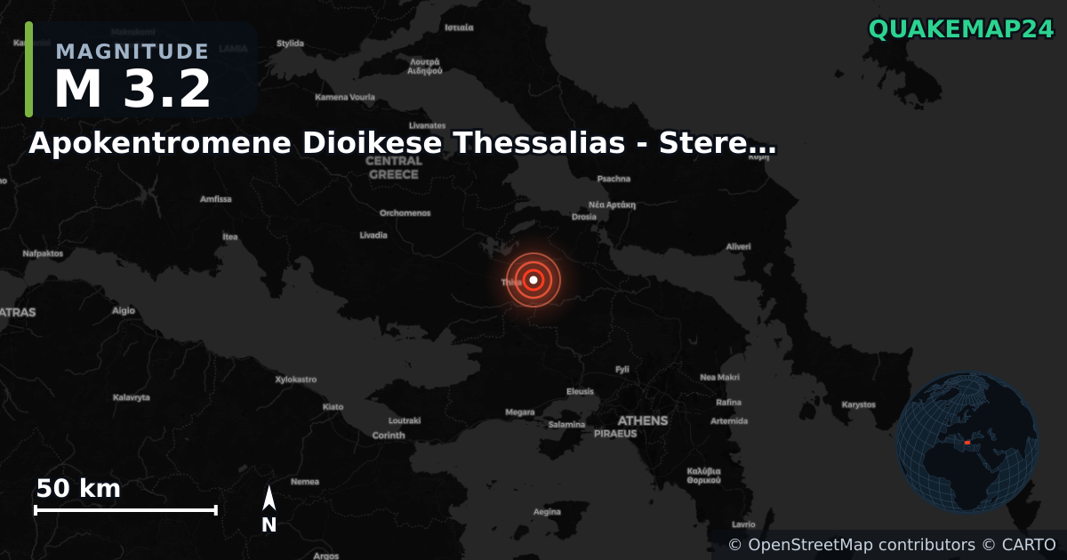 M3.2 earthquake near Apokentromene Dioikese Thessalias - Stereas Ellados on Sep 7, 2025 — map of epicenter and shaking intensity | QuakeMap24