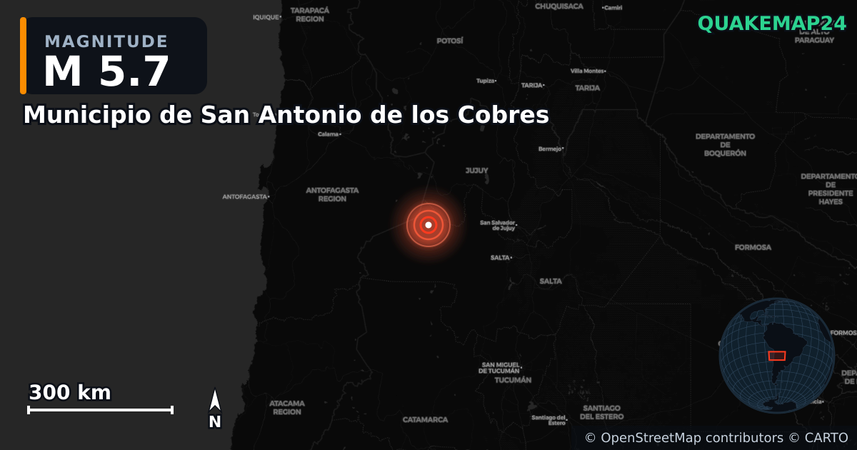 M5.7 earthquake near Municipio de San Antonio de los Cobres on Sep 4, 2025 — map of epicenter and shaking intensity | QuakeMap24