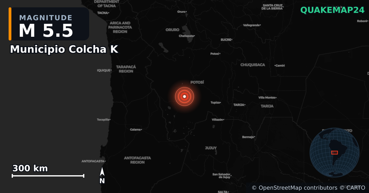 M5.5 earthquake near Municipio Colcha K on Jul 3, 2025 — map of epicenter and shaking intensity | QuakeMap24