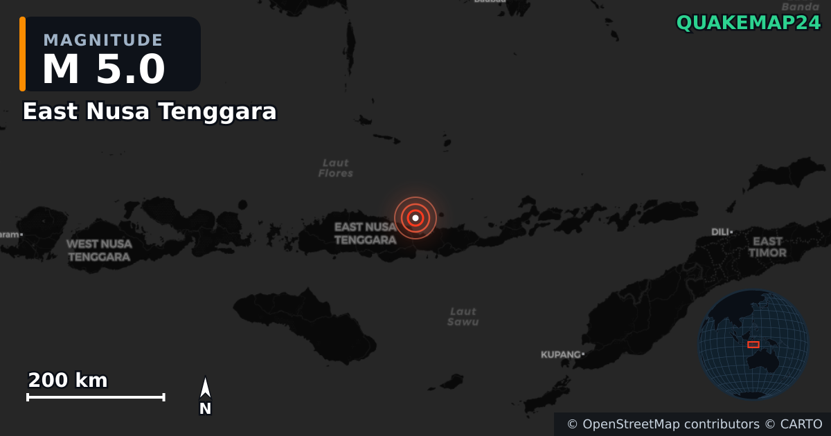 M5.0 earthquake near East Nusa Tenggara on Aug 15, 2026 — map of epicenter and shaking intensity | QuakeMap24