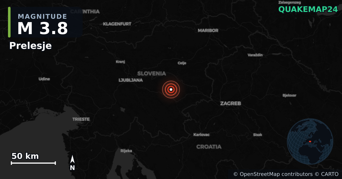 M3.8 earthquake near Prelesje on Apr 21, 2026 — map of epicenter and shaking intensity | QuakeMap24