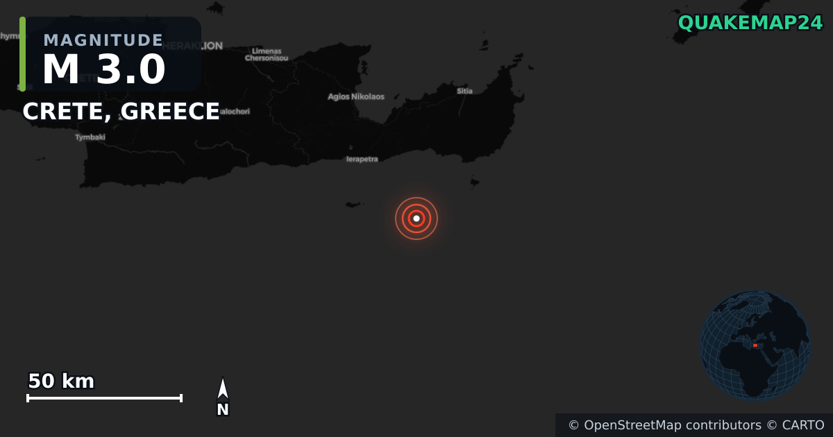 M3.0 earthquake near CRETE, GREECE on May 5, 2026 — map of epicenter and shaking intensity | QuakeMap24