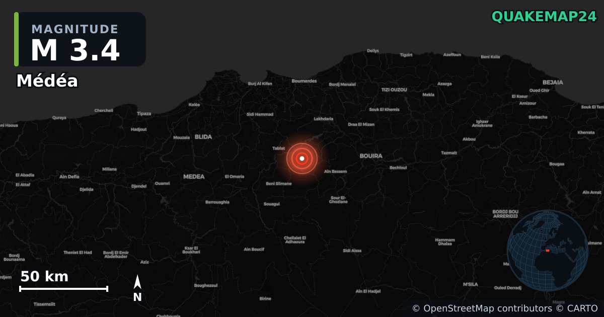 M3.4 earthquake near Médéa on Dec 30, 2025 — map of epicenter and shaking intensity | QuakeMap24