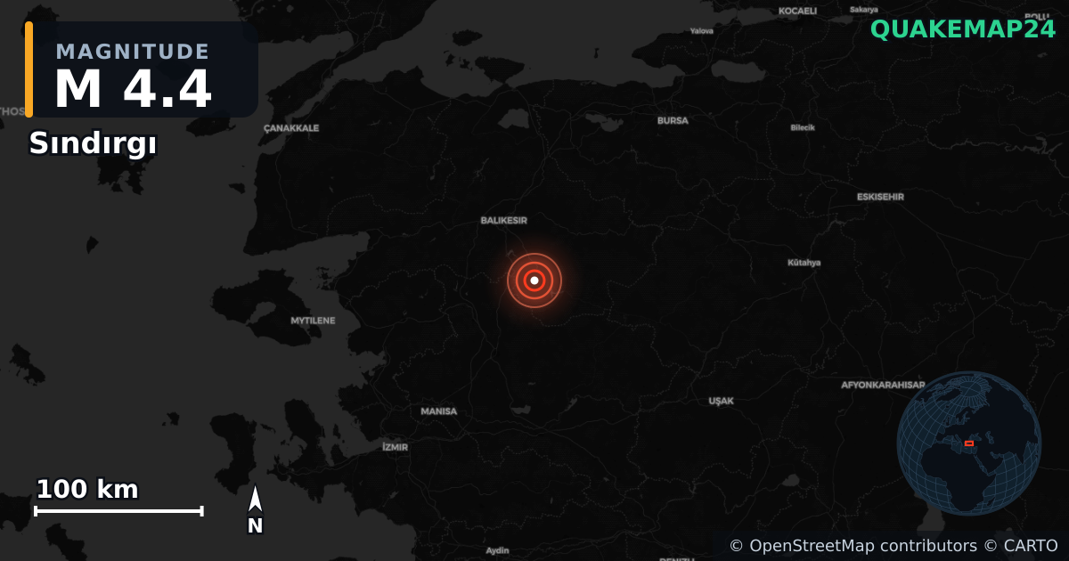 M4.4 earthquake near Sındırgı on Nov 6, 2025 — map of epicenter and shaking intensity | QuakeMap24