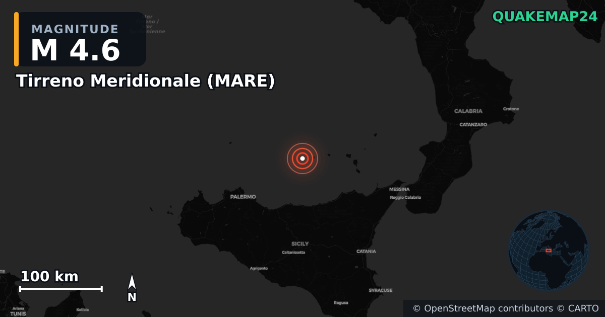 M4.6 earthquake near Tirreno Meridionale (MARE) on Mar 21, 2026 — map of epicenter and shaking intensity | QuakeMap24