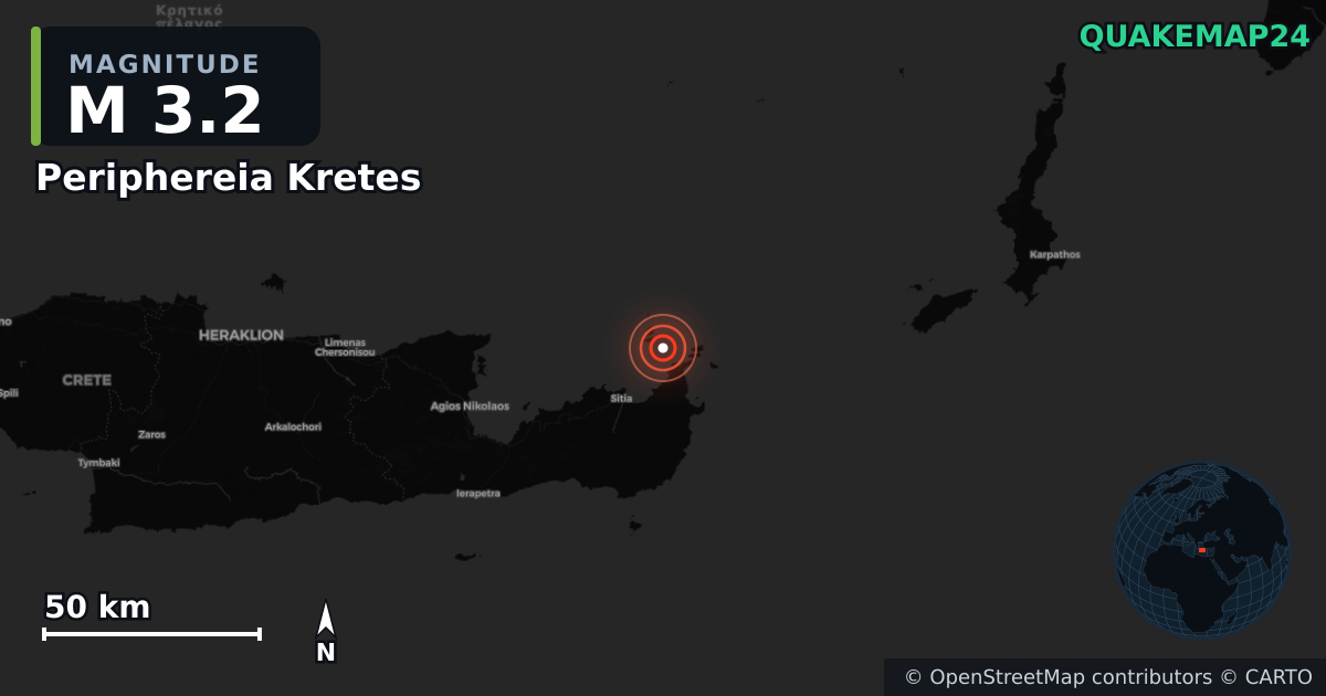 M3.2 earthquake near Periphereia Kretes on Dec 2, 2025 — map of epicenter and shaking intensity | QuakeMap24