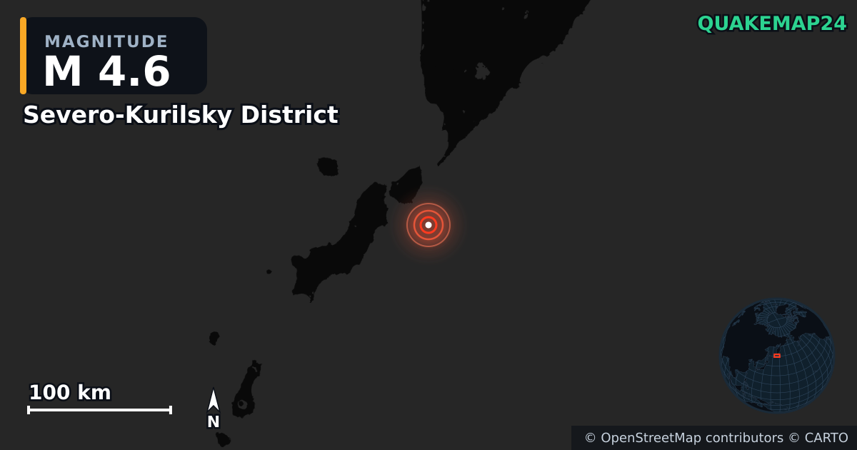 M4.6 earthquake near Severo-Kurilsky District on Aug 5, 2026 — map of epicenter and shaking intensity | QuakeMap24