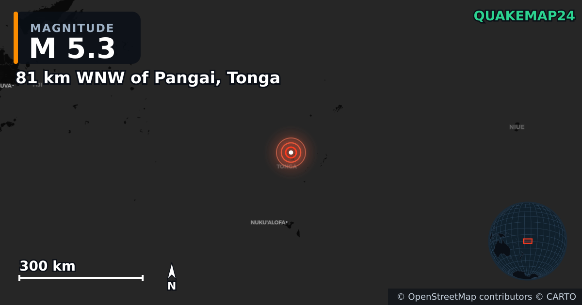 M5.3 earthquake near 81 km WNW of Pangai, Tonga on Jan 10, 2025 — map of epicenter and shaking intensity | QuakeMap24