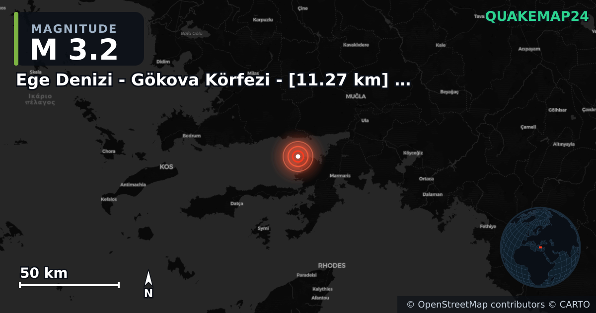 M3.2 earthquake near Ege Denizi - Gökova Körfezi - [11.27 km] Milas (Muğla) on Aug 16, 2025 — map of epicenter and shaking intensity | QuakeMap24