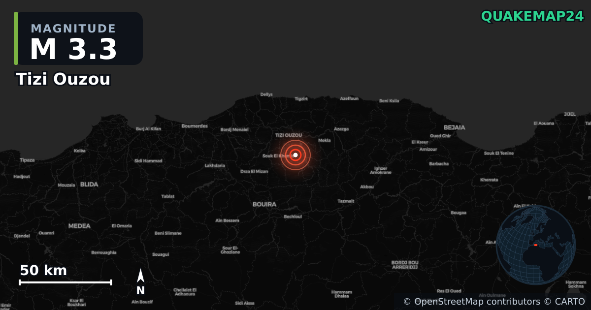 M3.3 earthquake near Tizi Ouzou on May 29, 2025 — map of epicenter and shaking intensity | QuakeMap24