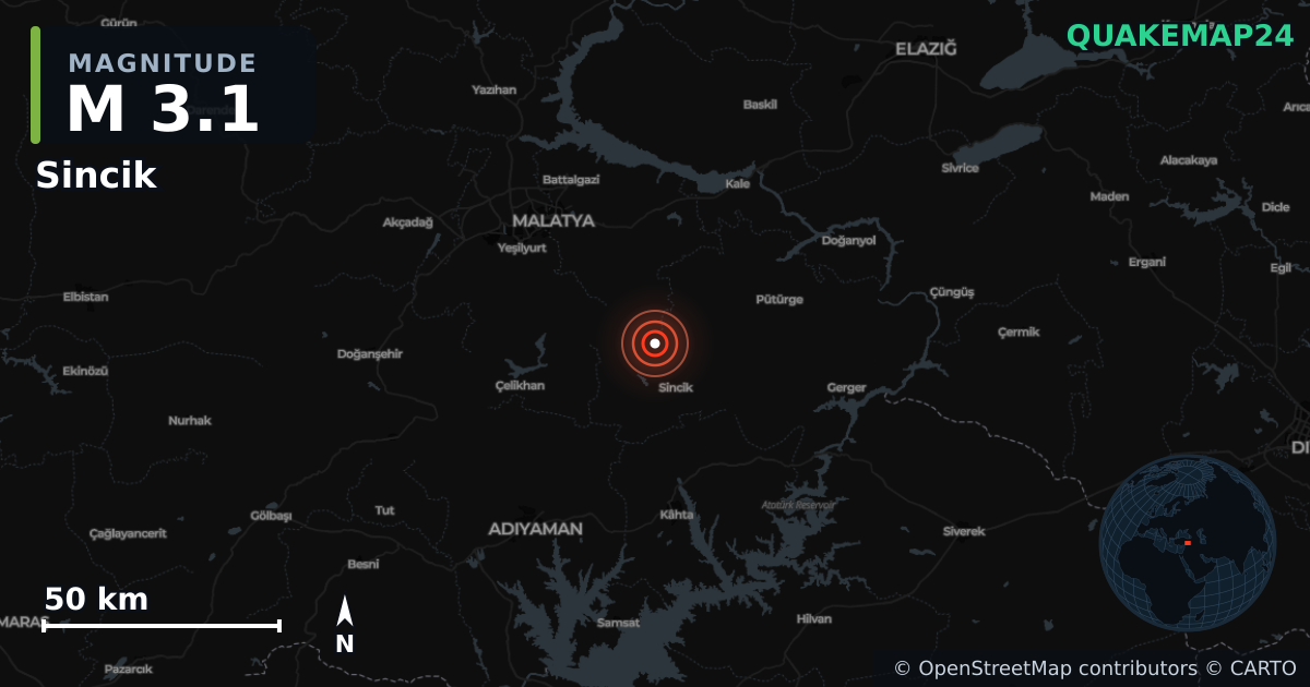 Terremoto de M3,1 cerca de Sincik, Adıyaman (Turquía) · 2026-10-30 — Mapa de la ubicación del epicentro