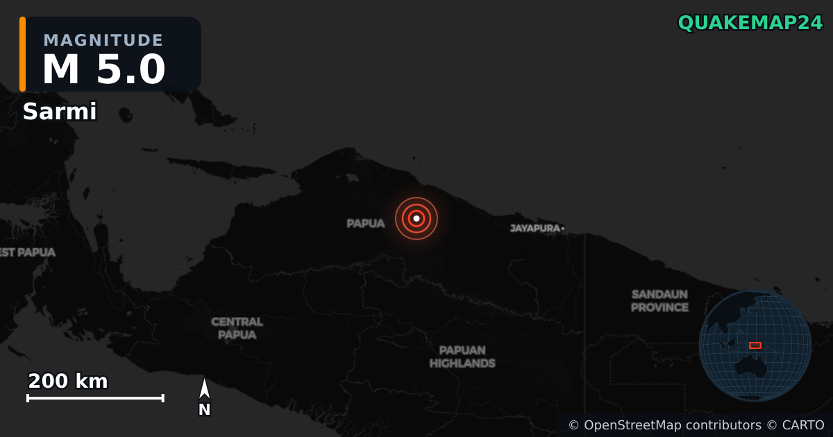 Erdbeben M5,0 bei Sarmi, Papua (Indonesien) — Karte der Lage des Epizentrums