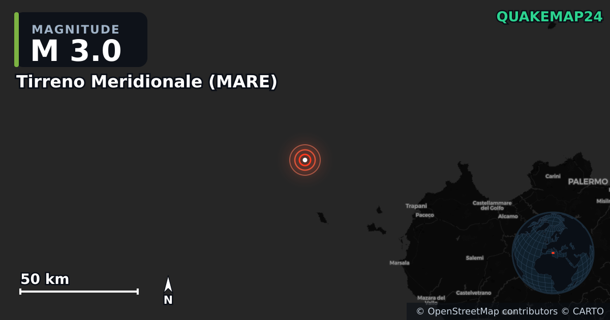 Tirreno Meridionale (MARE) yakınında M3,0 deprem · 2025-09-21 — Deprem merkez üssünün konumunu gösteren harita