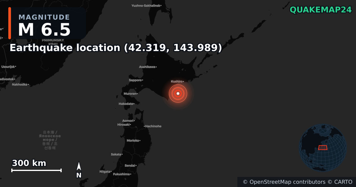 M6.5 earthquake near Deprem konumu (42.319, 143.989) on Apr 26, 2026 — map of epicenter and shaking intensity | QuakeMap24