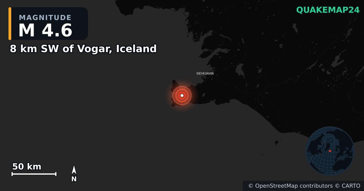 8 km SW of Vogar, Iceland yakınında M4,6 deprem · 2025-04-01 — Deprem merkez üssünün konumunu gösteren harita