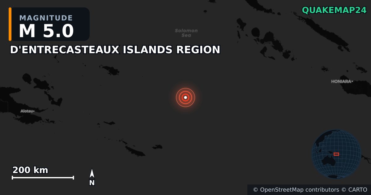D'ENTRECASTEAUX ISLANDS REGION yakınında M5,0 deprem — Deprem merkez üssünün konumunu gösteren harita