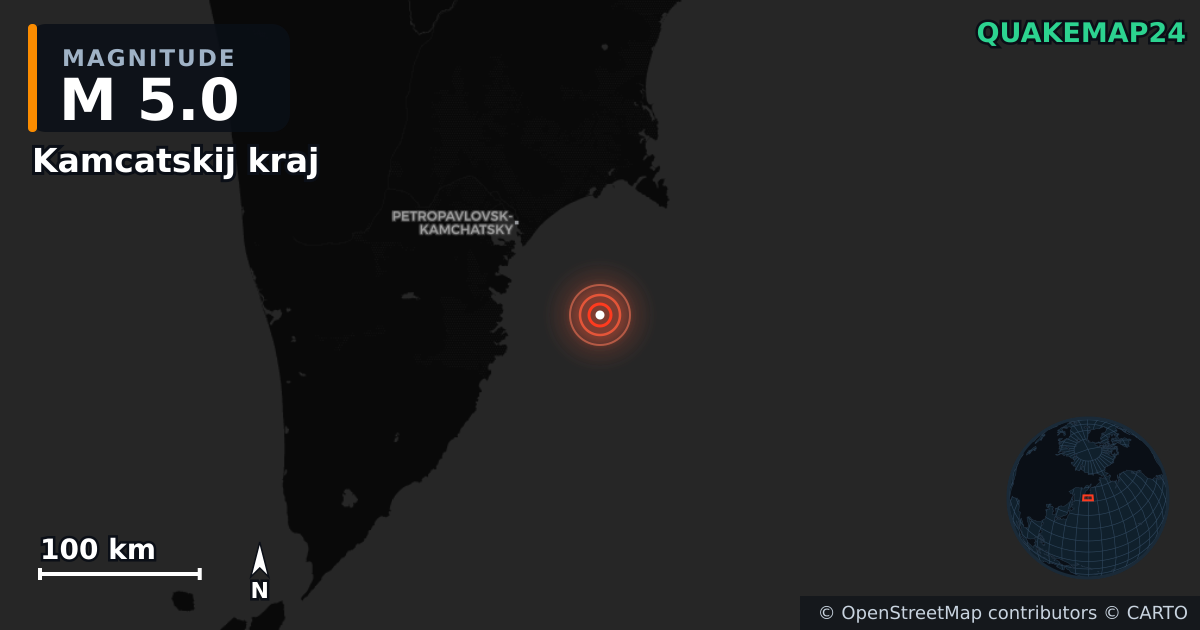 M5.0 earthquake near Kamcatskij kraj on Nov 4, 2025 — map of epicenter and shaking intensity | QuakeMap24