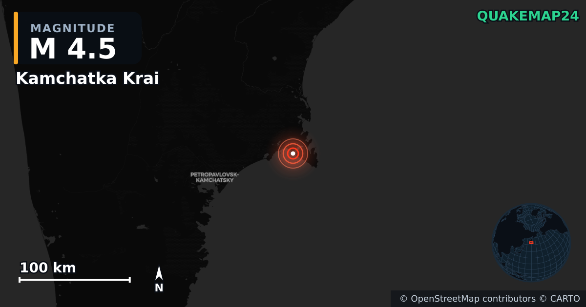 M4.5 earthquake near Kamchatka Krai on Aug 19, 2026 — map of epicenter and shaking intensity | QuakeMap24