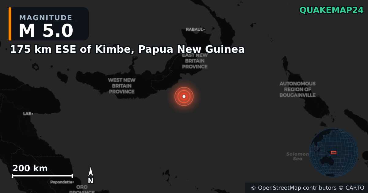 M5.0 earthquake near 175 km ESE of Kimbe, Papua New Guinea on Apr 4, 2025 — map of epicenter and shaking intensity | QuakeMap24