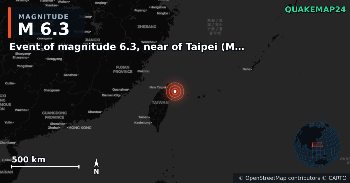 M6.3 earthquake near Event of magnitude 6.3, near of Taipei (Monde) on Dec 27, 2025 — map of epicenter and shaking intensity | QuakeMap24