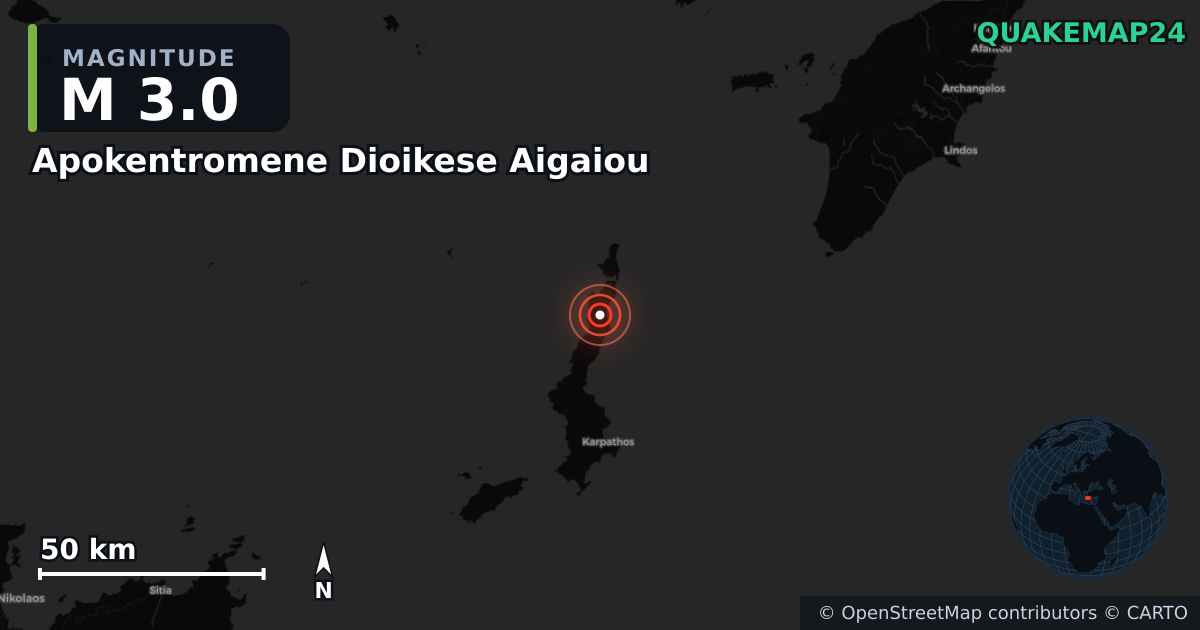 M3.0 earthquake near Apokentromene Dioikese Aigaiou on Dec 4, 2025 — map of epicenter and shaking intensity | QuakeMap24