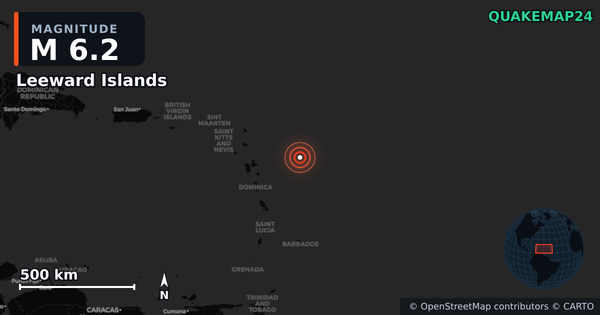 M6.2 Earthquake near Leeward Islands · 2025-10-27 — Map showing the location of the epicenter