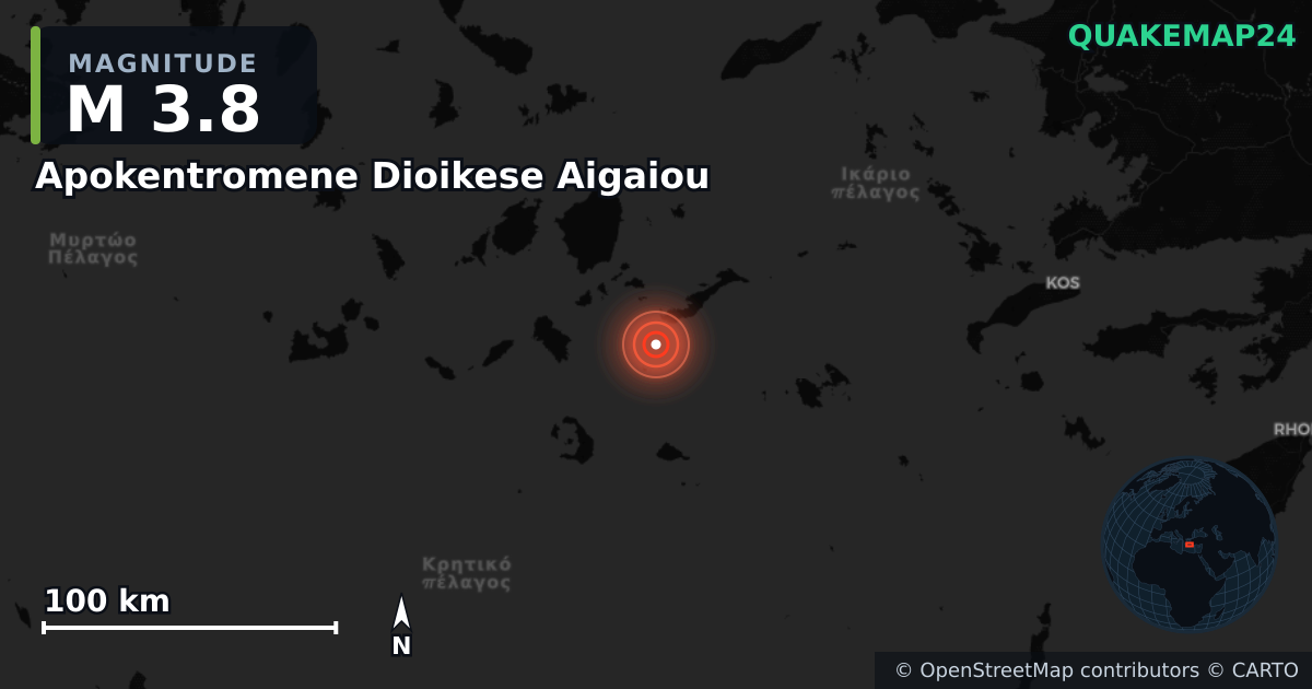 M3.8 earthquake near Apokentromene Dioikese Aigaiou on Aug 7, 2025 — map of epicenter and shaking intensity | QuakeMap24