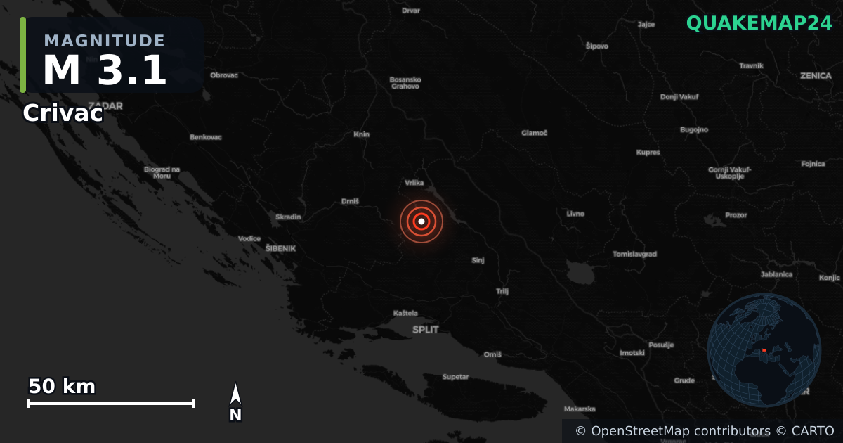 Terremoto de M3,1 cerca de Crivac (Croacia) · 2026-08-23 — Mapa de la ubicación del epicentro
