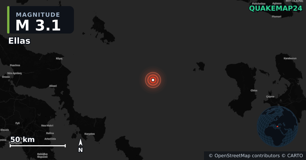 M3.1 earthquake near Ellas on Sep 25, 2025 — map of epicenter and shaking intensity | QuakeMap24