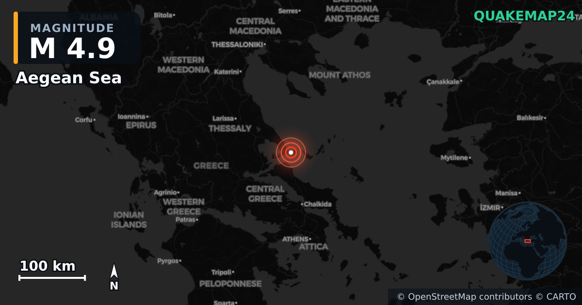 Aegean Sea yakınında M4,9 deprem · 2026-04-28 — Deprem merkez üssünün konumunu gösteren harita