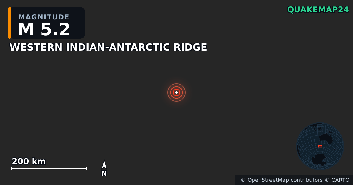 Erdbeben M5,2 bei WESTERN INDIAN-ANTARCTIC RIDGE · 2025-06-08 — Karte der Lage des Epizentrums